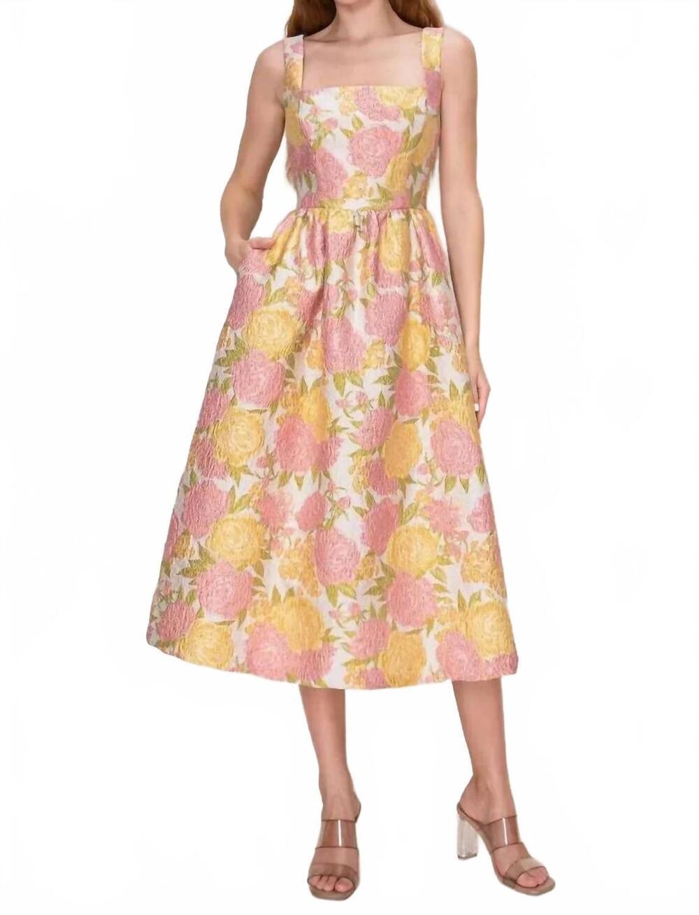 NEW B.RIGHT floral jacquard square neck midi dress in cream/pink/yellow
